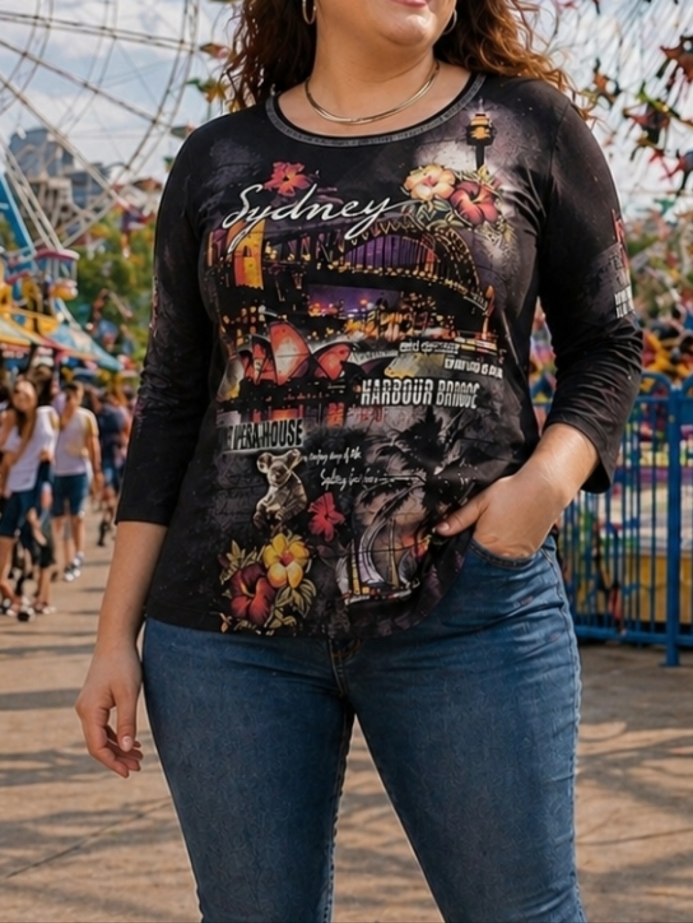 Christopher & Banks Black Graphic Three-quarter Sleeves Top